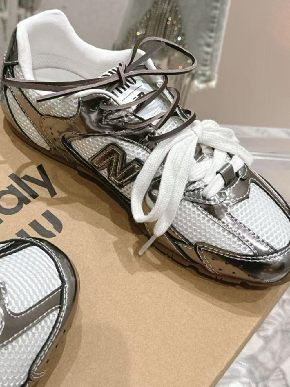 New Balance x Miu Miu Women’s Metallic Silver Sneakers Double Lace Shoes - Picture 4 of 7